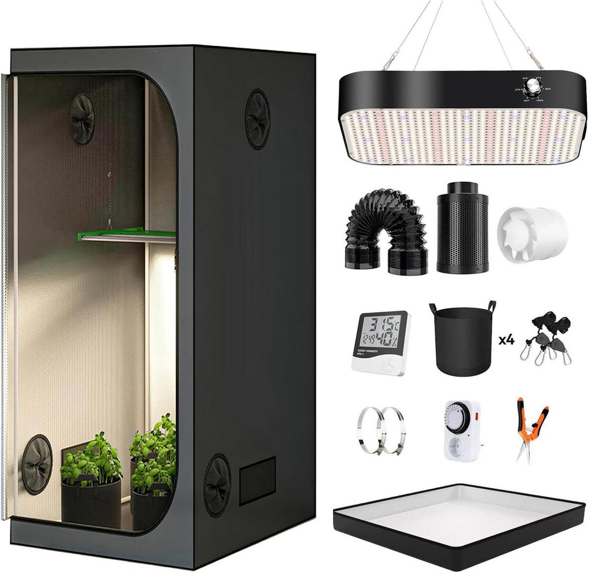 GROWBOX KOMPLETTSET – 120×120×200 cm LED-Lampe, Aktivkohlefilter & Belüftungssystem, Indoor Pflanzenzelt für Cannabis - Multicolor, Textil (120/200/120cm) - JUNG