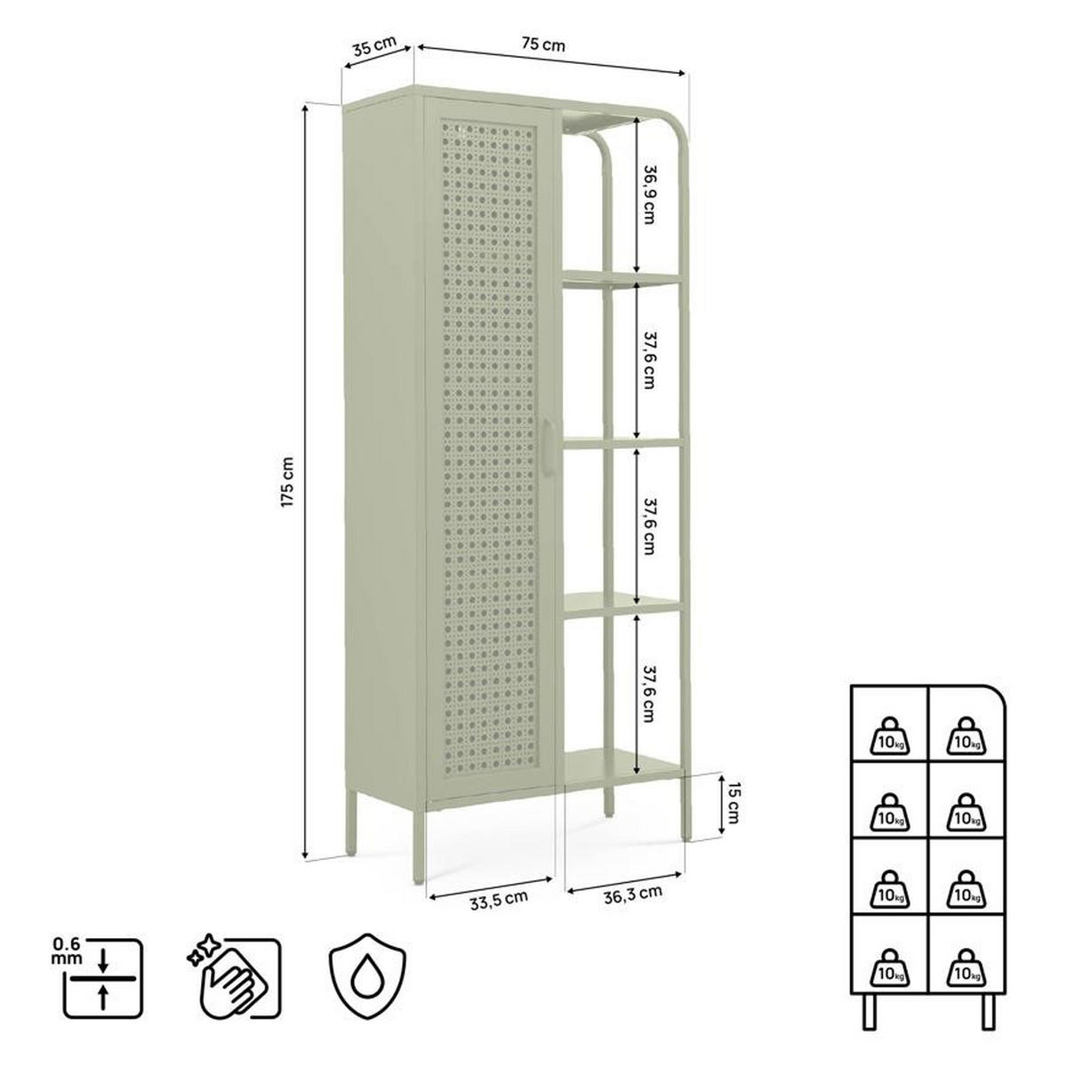 REGAL Industrielles aus olivgrünem Metallgitter mit 1 Tür und 4 Fächern - HERA - Grün, Metall (75/175/35cm) - Sicaan