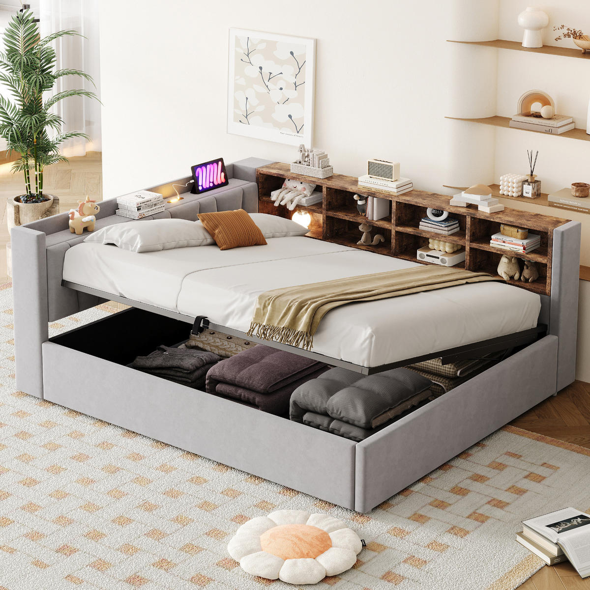 POLSTERBETT Schlafsofa aus Samt 140x200 cm Hellgrau mit hydraulischem Stauraum, Nachtlicht und USB-/Typ-C-Anschlüssen - Hellgrau, Textil (140/200cm) - Modfu