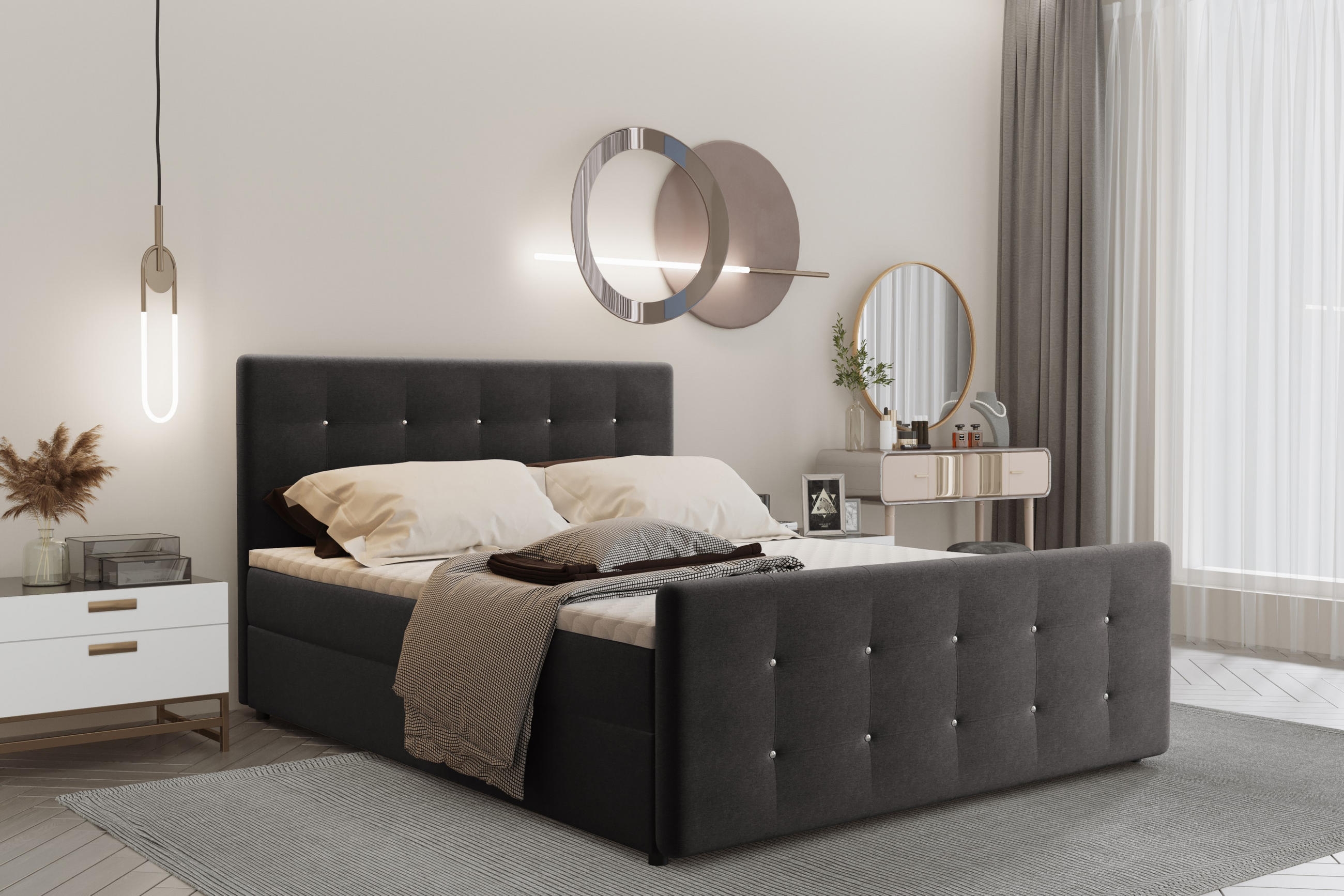 BOXBETT Mit Bettkasten Matratze Topper AMOR Anthrazit 120x200 cm H2-Pocket - Anthrazit/Schwarz, Holz/Holzwerkstoff (120/200cm) - Kaiser Möbel