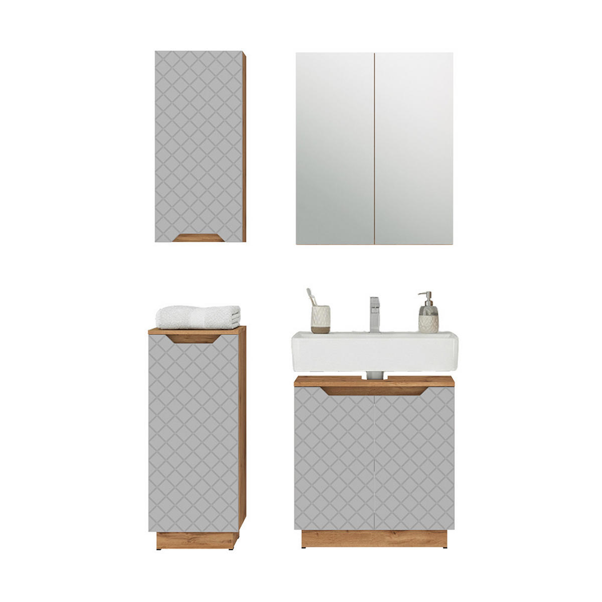 BADMÖBEL-SET Lotta Eiche/Grau mit Kachelstruktur 4 Teile - Grau, Holzwerkstoff (59.8/62.1/32cm) - Vicco