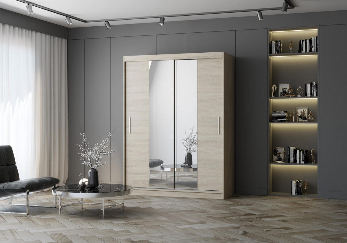 SCHIEBETÜRENSCHRANK - LARA 01 (Sonoma) - Sonoma Eiche, Holzwerkstoff/Metall (150/200/61cm) - Möblo