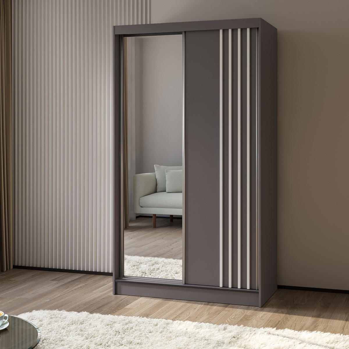 SCHWEBETÜRENSCHRANK NELVIA 120/216/61 cm 2-türig mit Spiegel Grau - Grau, Holzwerkstoff (120/216/61cm) - MASSENO