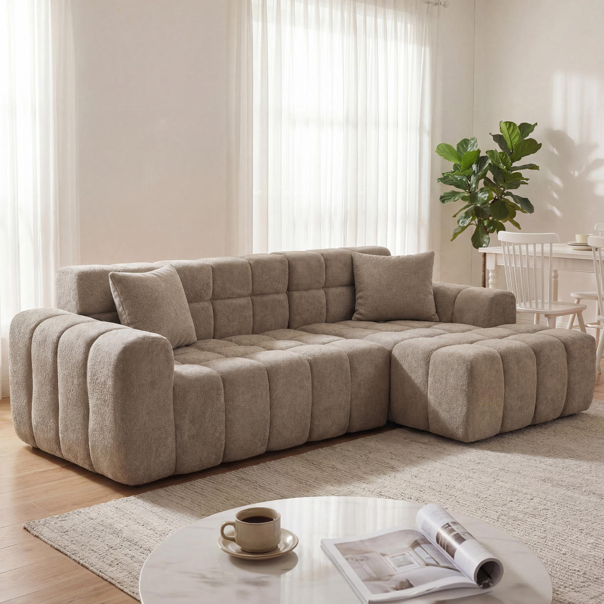 ECKSOFA L-Form 3-Sitzer in Taupe aus Samt mit recht Chaiselongue - Taupe, Textil (249.94/149.1cm) - CHICFURN