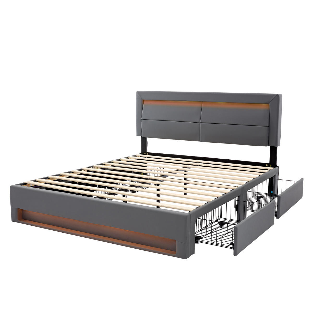 POLSTERBETT 140/190 cm Grau aus PU mit LED, USB und 4 Schubladen - Grau, Kunststoff (140/190cm) - Flora Grace