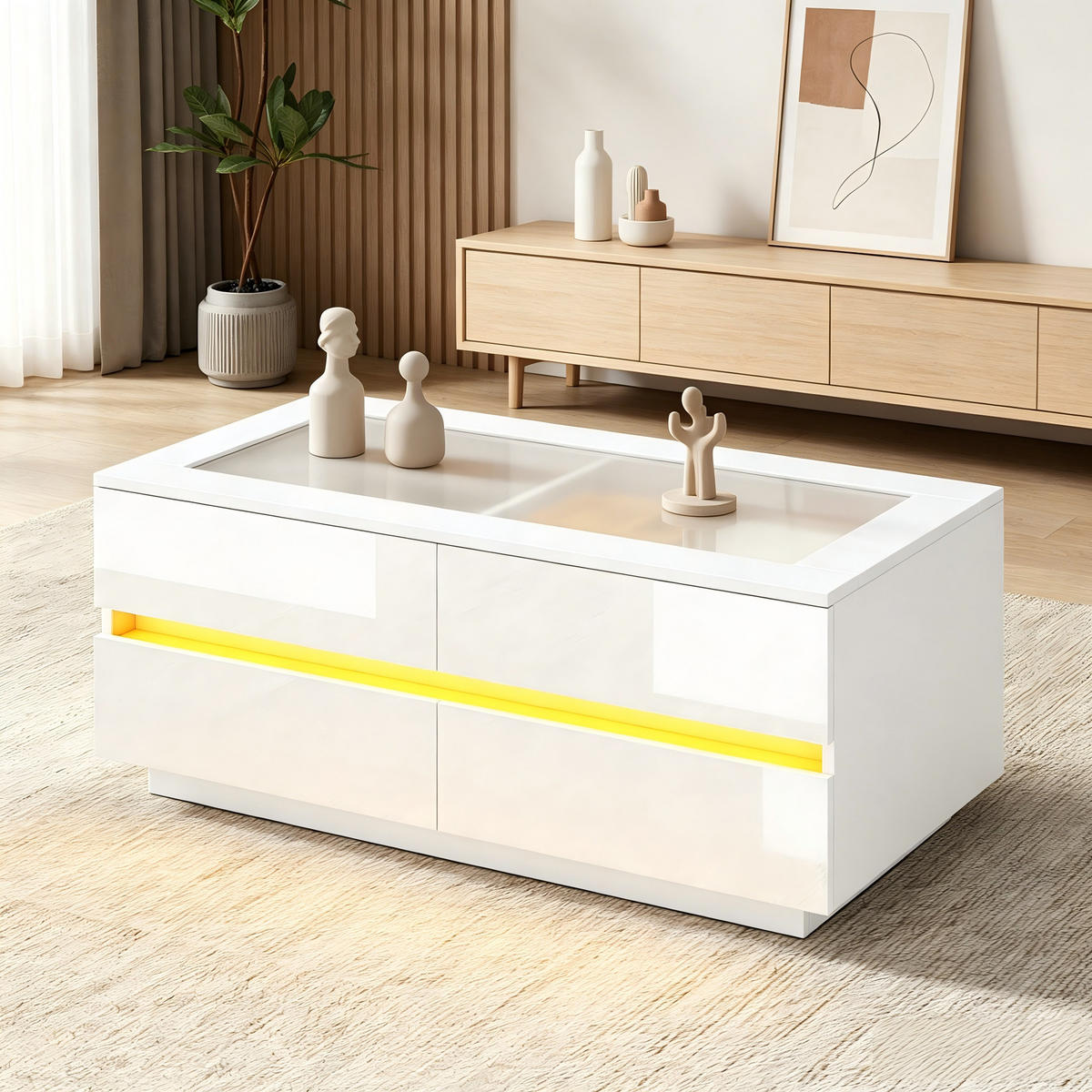 COUCHTISCH mit Glasplatte, 4 Schubladen & LED, Hochglanz Weiß modern, stabile Spanplatte - Weiß, Glas/Holzwerkstoff (100/50/40cm) - EVRYAE