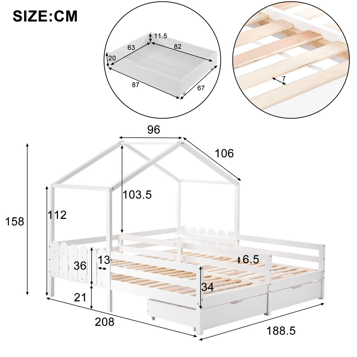 HAUSBETT 200/90 cm Weiß aus Massivholz mit 2 Schubladen - Weiß, Holz (90/200cm) - OKMYHOME