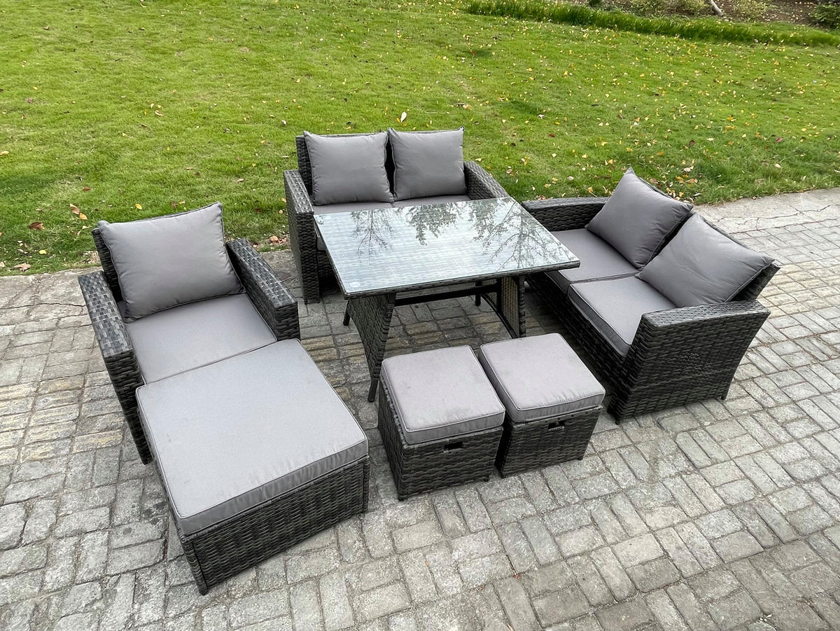 GARTENMÖBELSET mit ESSTISCH,HOCHLEHNER-SOFA Polyrattan Dunkelgrauer Mix 8-Sitzer - Dunkelgrau/Grau, Glas/Kunststoff - Fimous