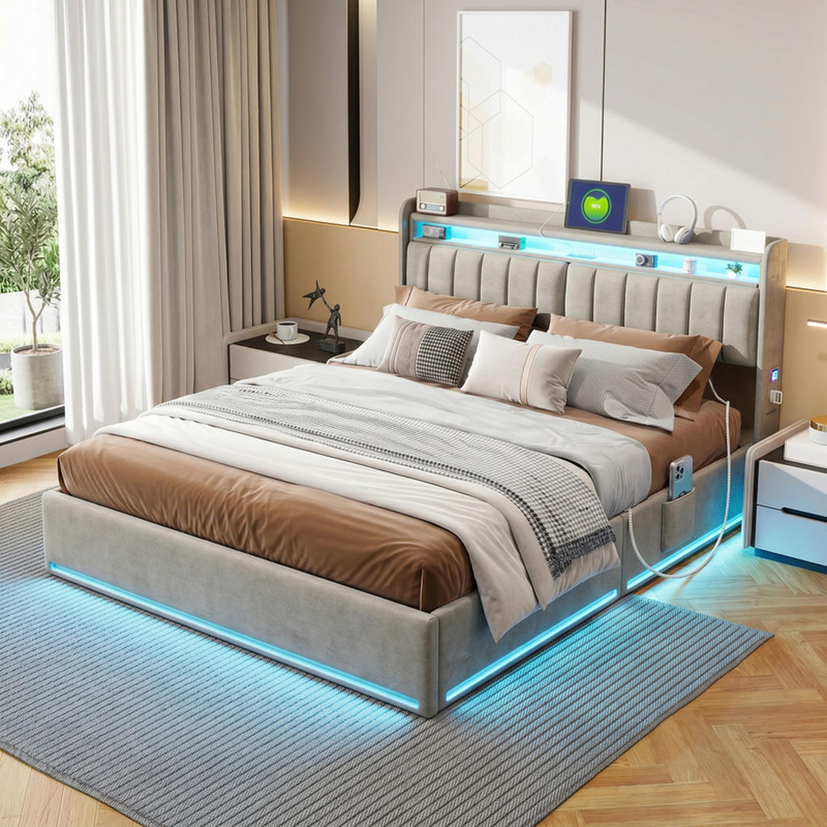 POLSTERBETT 160/200 cm grau mit Stauraum, LED und USB - Grau, Holz