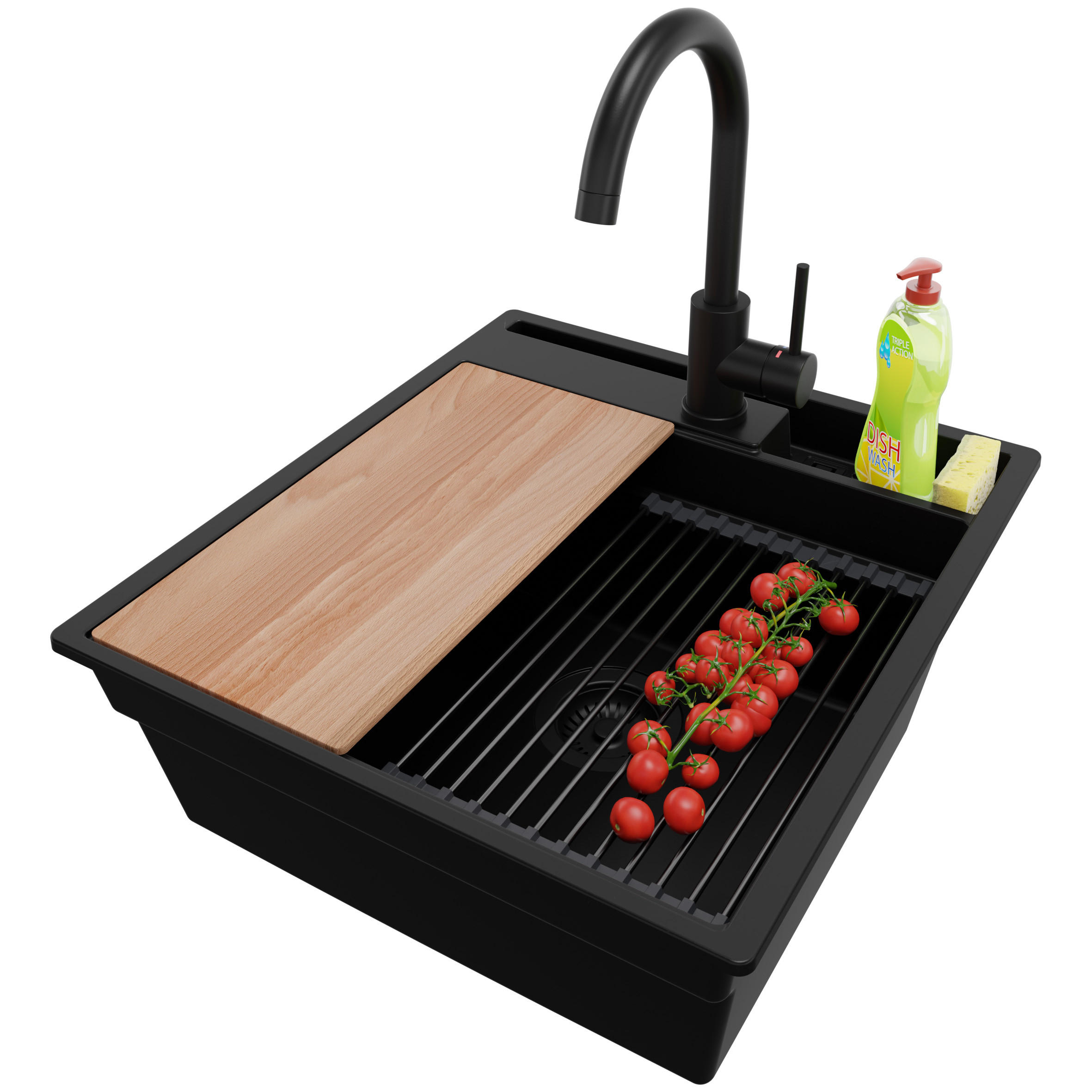 GRANITSPÜLE Oslo, 3-er set Alles Schwarz 48/53 cm, 1 Becken + Küchenarmatur 32/20 cm + Ablauf-Set ab 50er Unterschrank - Beige/Schwarz, Kunststoff (48/20/53cm) - Primagran