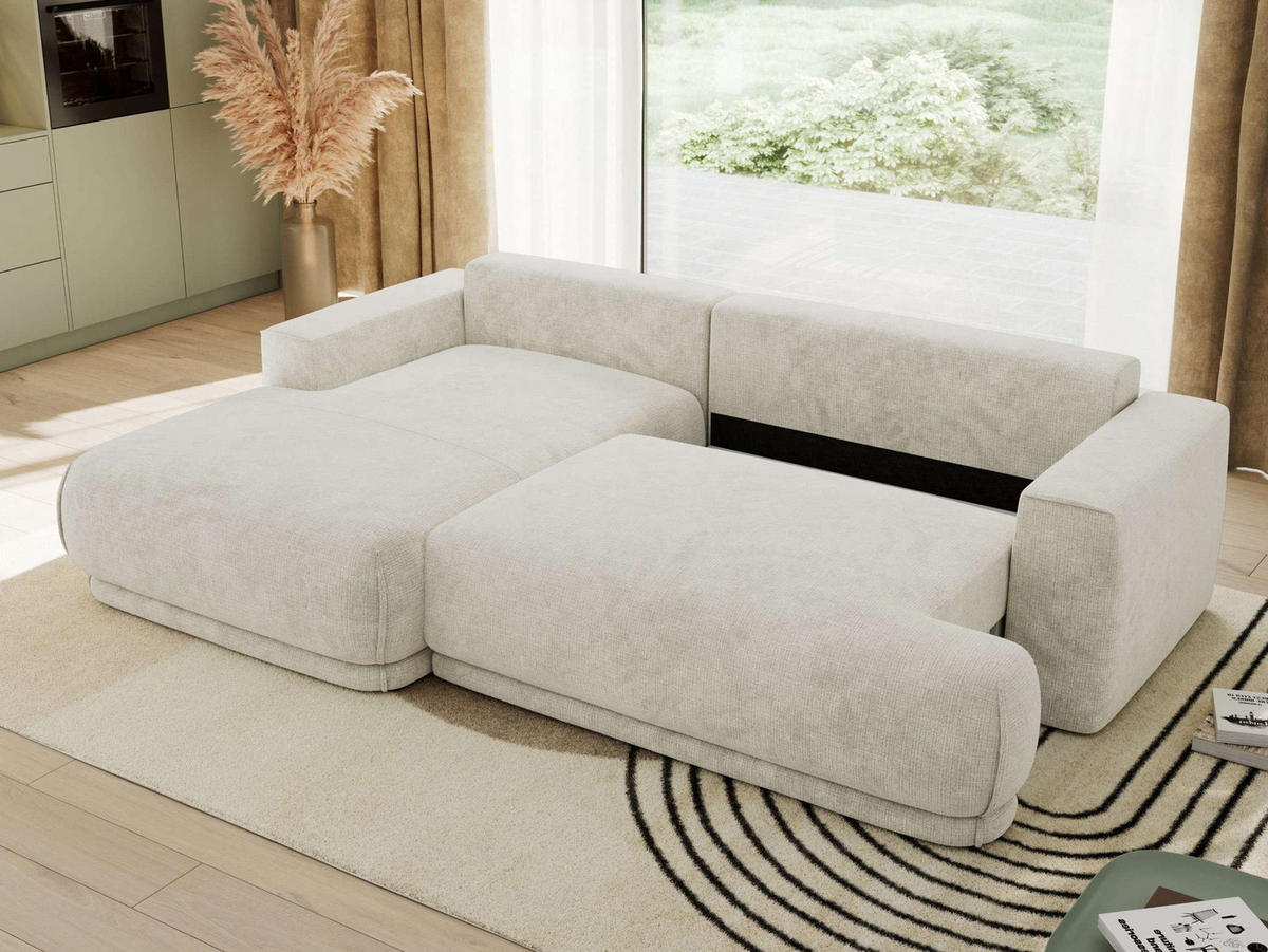 ECKSCHLAFSOFA RINA L Creme Schenille grob gewebt - links - Creme/Schwarz, Kunststoff/Textil (267/170cm) - MKS