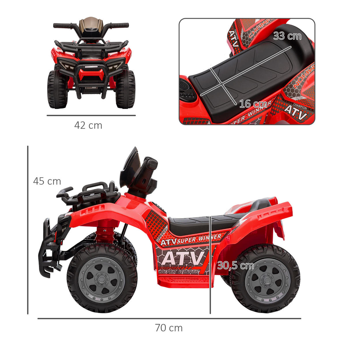 MINI ELEKTRO-QUAD KINDER, Schwarz/Grün/Rosa/Rot, Metall+ PP-Kunststoff - Rot, Metall (70/42/45cm) - HOMCOM