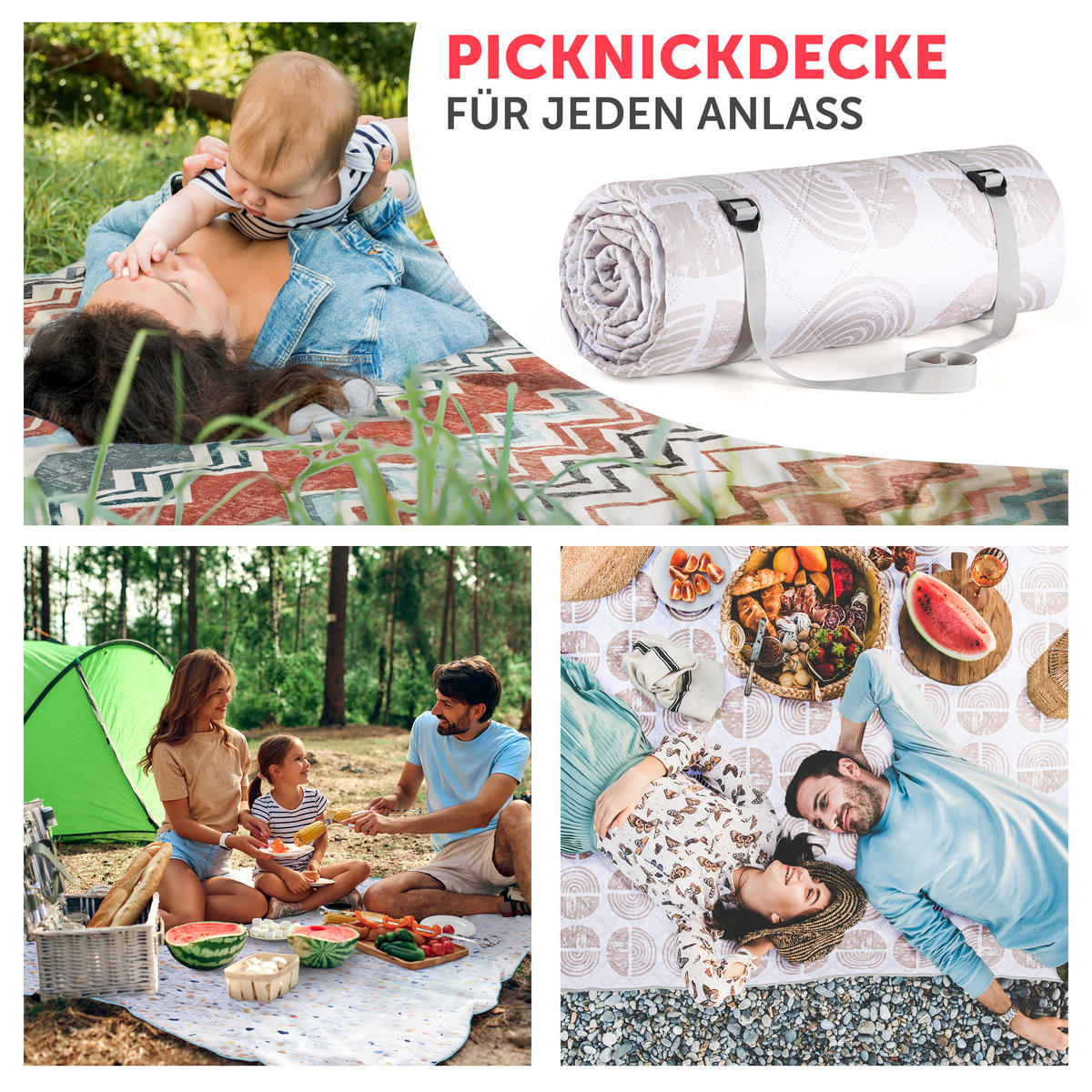 PICKNICKDECKE wasserabweisend 200x200 cm Boho & Terrazzo Design - Camping Decke Boho Kreise - Beige, Textil (200/200cm) - Blumtal