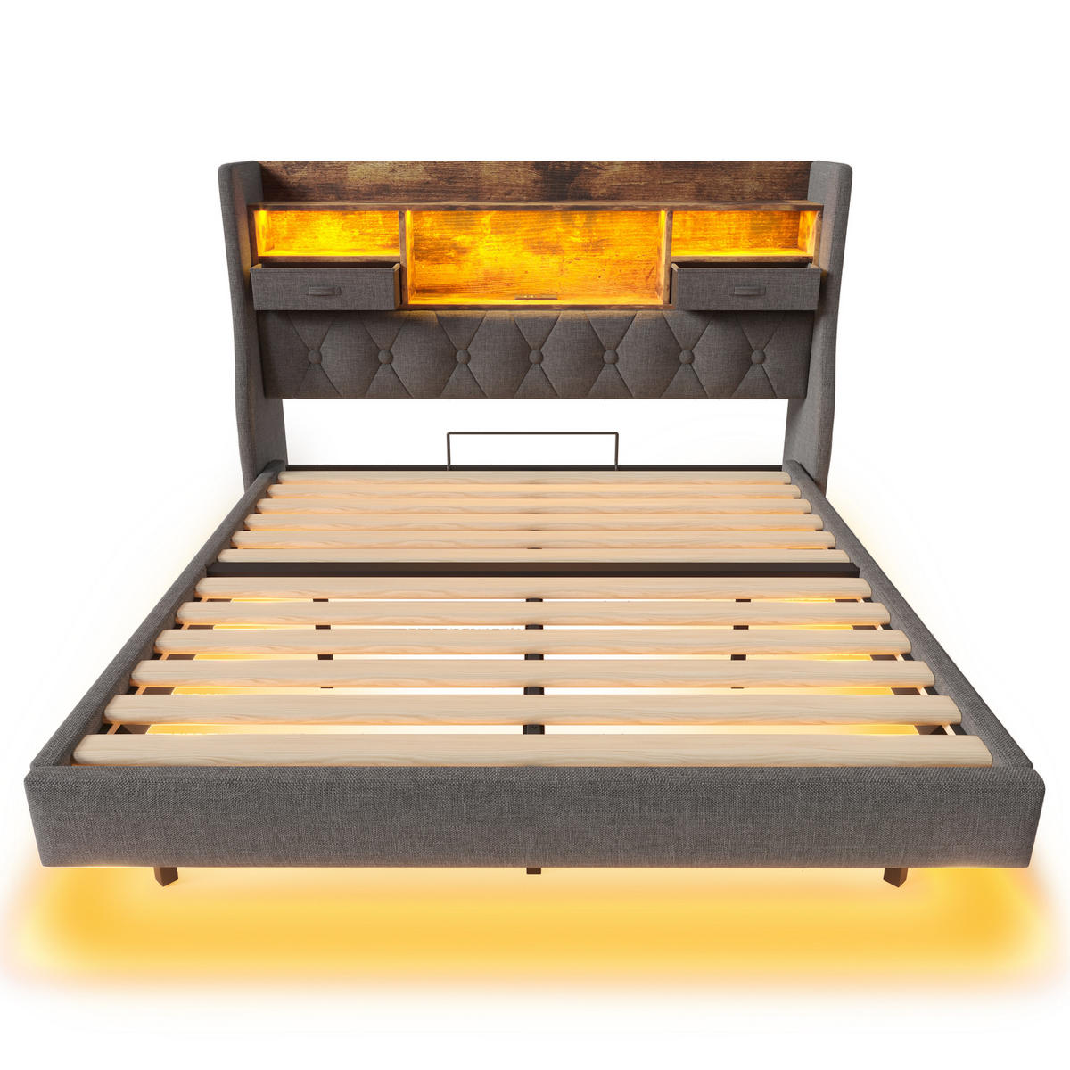 POLSTERBETT 160/200 cm mit LED-Beleuchtung, USB- und Type-C-Anschluss, Stauraum-Kopfteil und Matratze aus Leinen, Grau - Grau, Textil (160/200cm) - Redom
