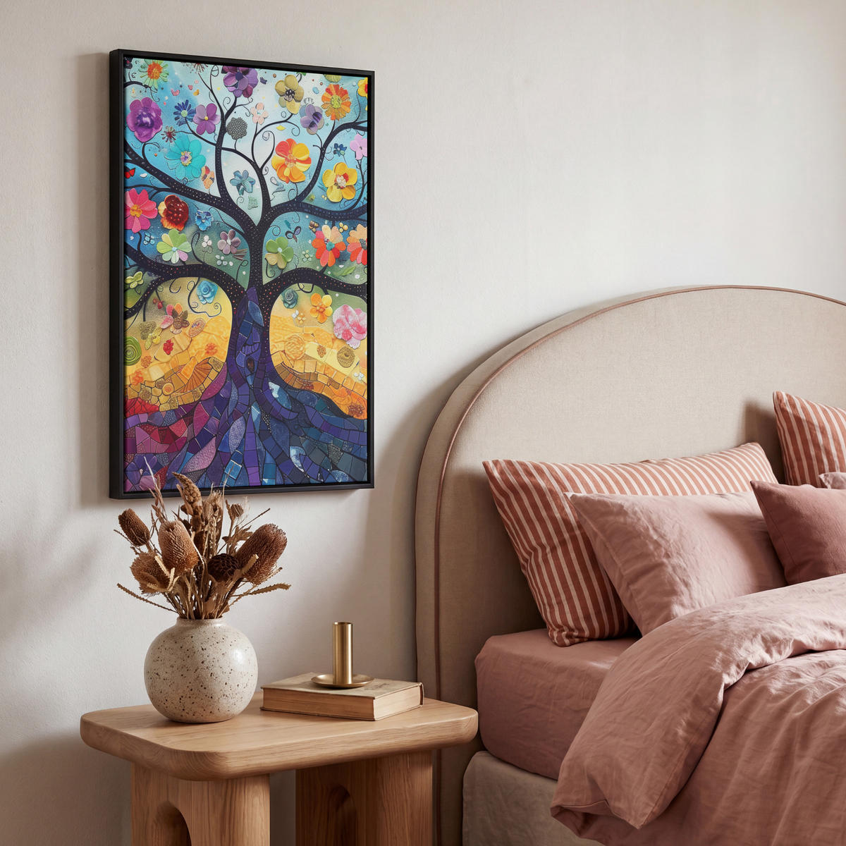LEINWAND Bilder mit Rahmen - Kunst - Baum des Lebens - Blumen - Hippie - 40x60 - Dunkelblau, Textil (40/60cm) - MuchoWow