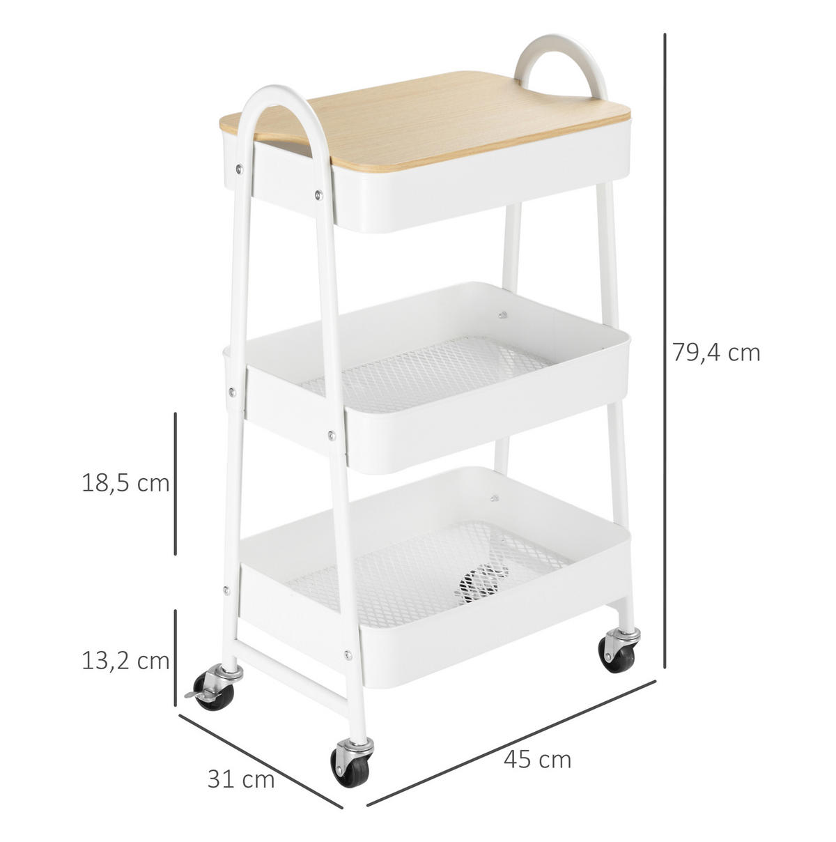 KÜCHENWAGEN mit 3 Böden, Deckel und Rollen 45 x 31 x 79,4 cm Weiß - Weiß, Metall (31/79.4/45cm) - Beauniv