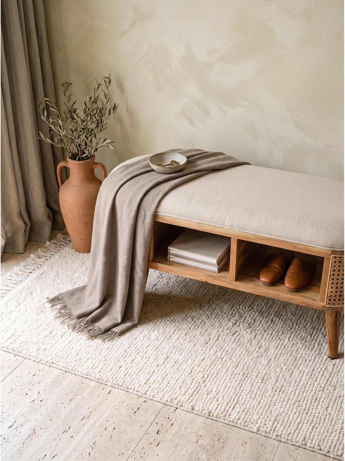 SITZBANK ASCOLI, Jutestoff, Akazie-Weiß, 90 x 45 x 45 cm - Hellbraun/Creme, Akazienholz/Holz (90/45/45cm) - KADIMA DESIGN