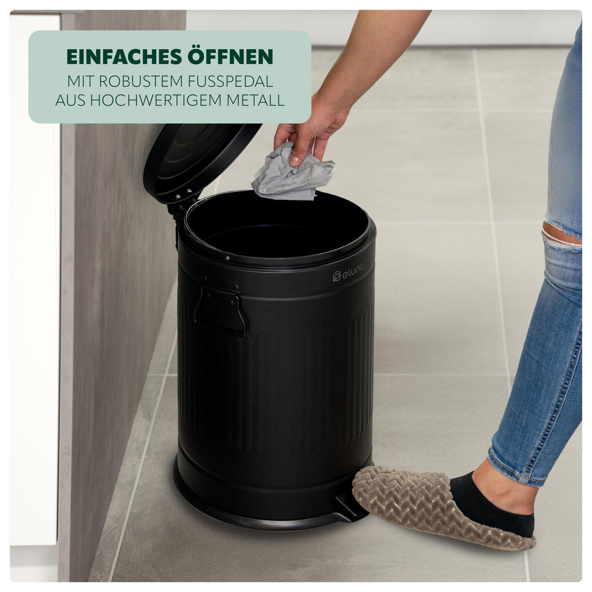 ABFALLEIMER Treteimer VINTAGE, 20 Liter, aus Metall, schwarz - Schwarz, Metall (30.5/47.5/38cm) - eluno
