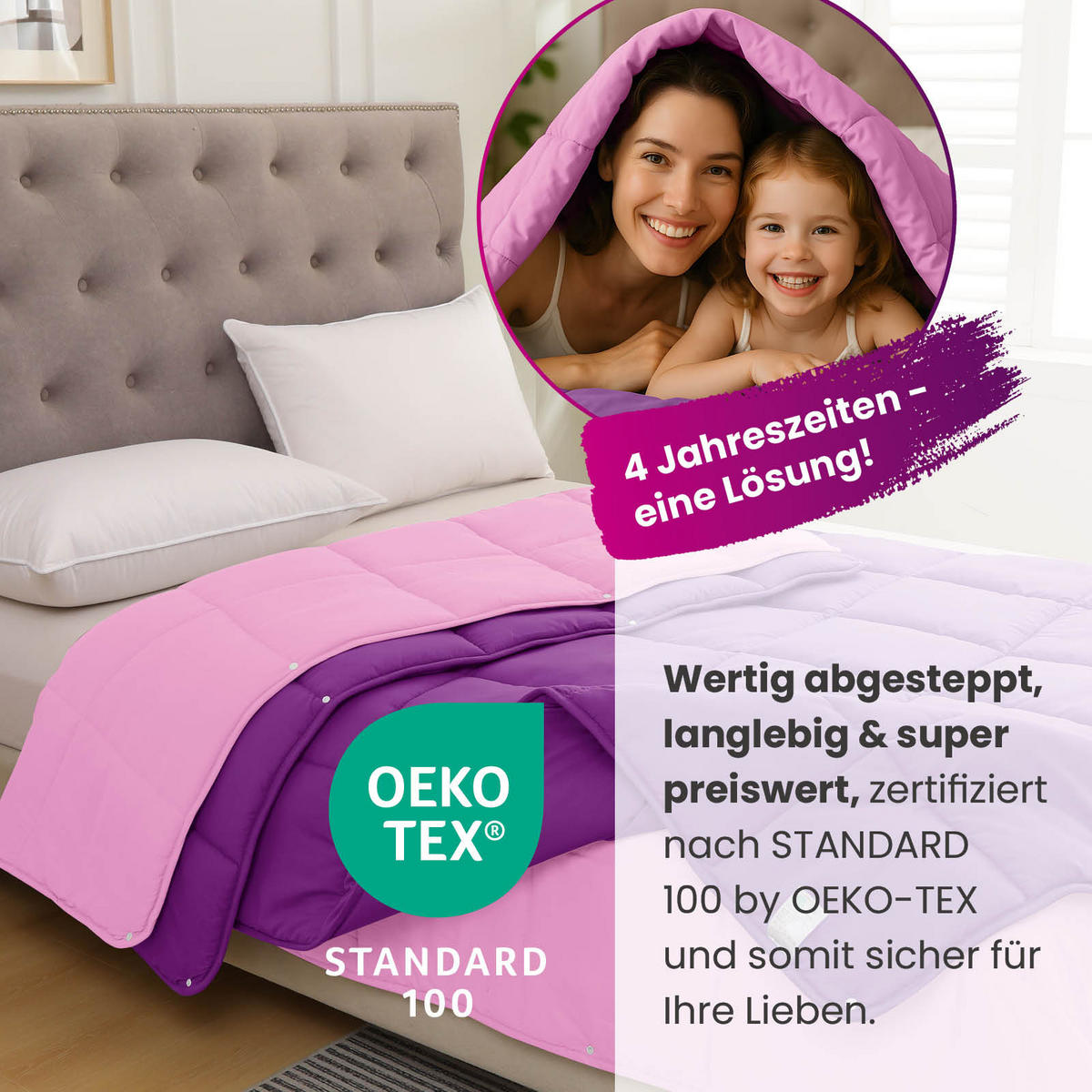 4-JAHRESZEITEN Steppbett Bi-Color im Wende-Design lila 135x200 - Lila, Textil (135/200cm) - wometo