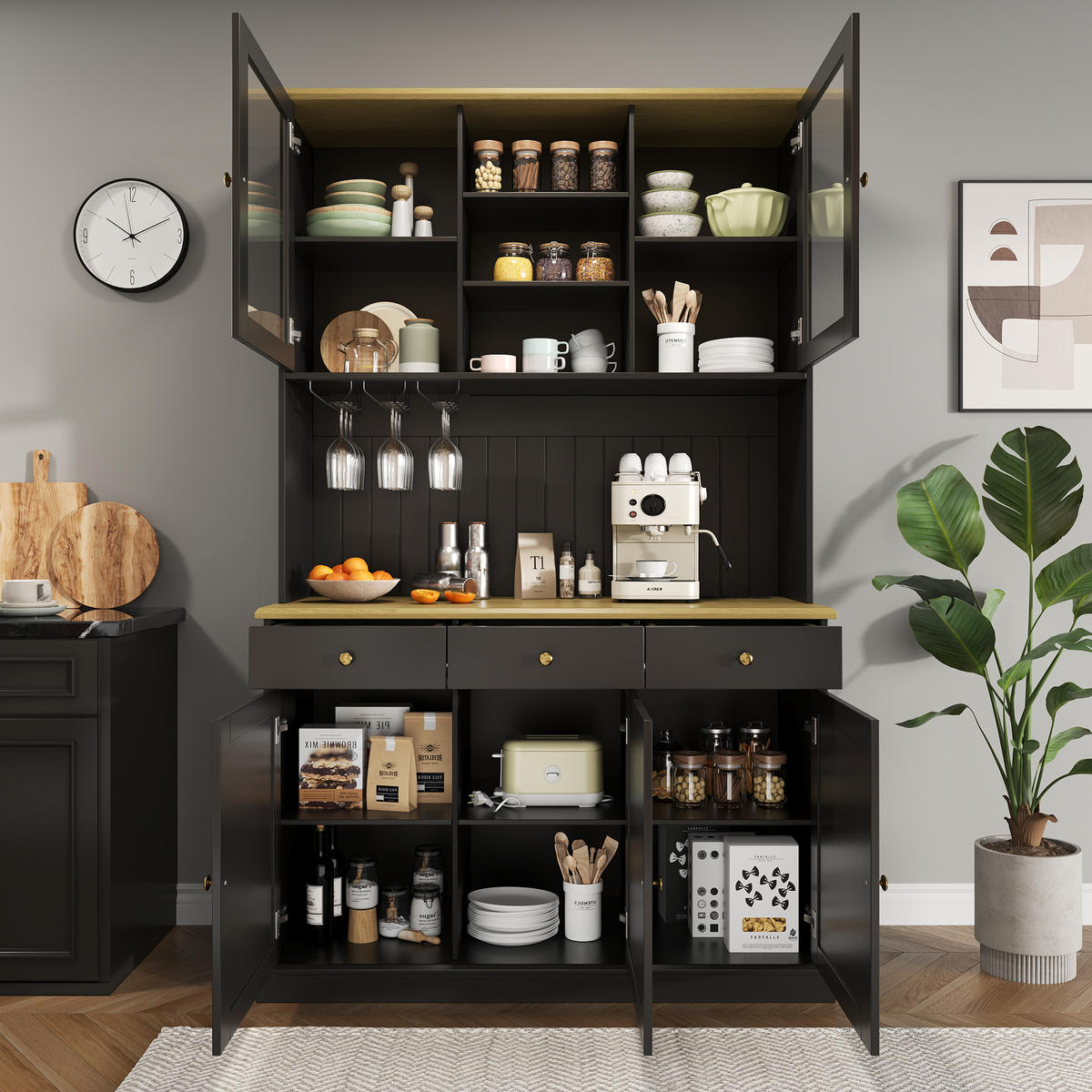 BUFFETSCHRANK Hochschrank 120x40x191cm Schwarz Gold Griffe USB - Schwarz, Holzwerkstoff (40/191/120cm) - FLIEKS