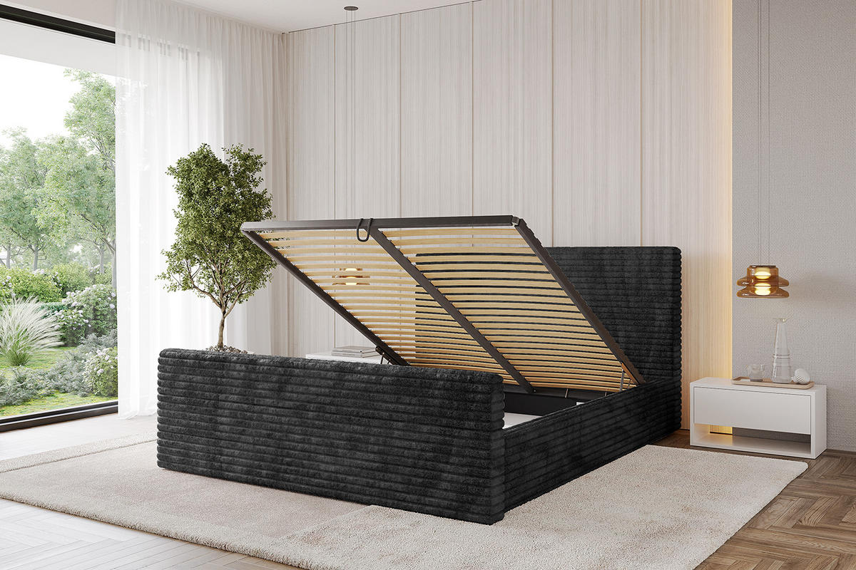 POLSTERBETT mit Bettkasten, Fußteil und Lattenrost, Boxbett mit Matratze H3/H4 - ALOVA-Z 180x200 Schwarz - Schwarz, Holzwerkstoff/Textil (180/200cm) - ALTDECOR