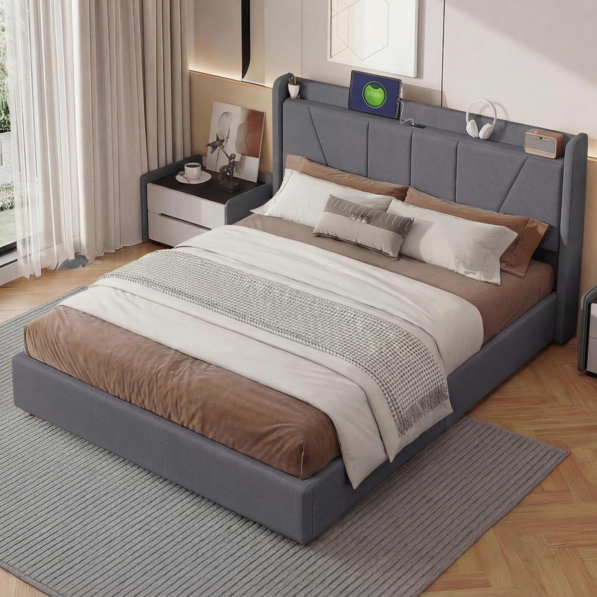 POLSTERBETT 140x200 cm mit hydraulischem Stauraum, 2 USB & 1 Typ-C Anschluss, Leinenstoff in Grau - Grau, Holz (140/200cm) - BRILVERDE