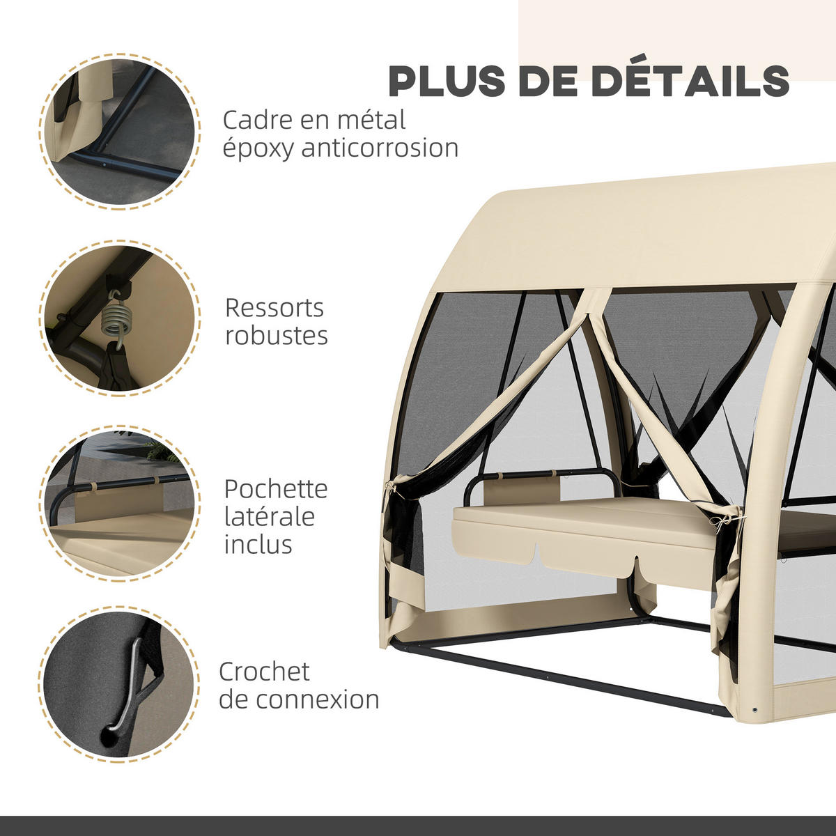 HOLLYWOODSCHAUKEL DE-15282 3-Sitzer konvertierbar mit Überdach Beige - Beige, Metall (140/197/240cm) - ComfortXL