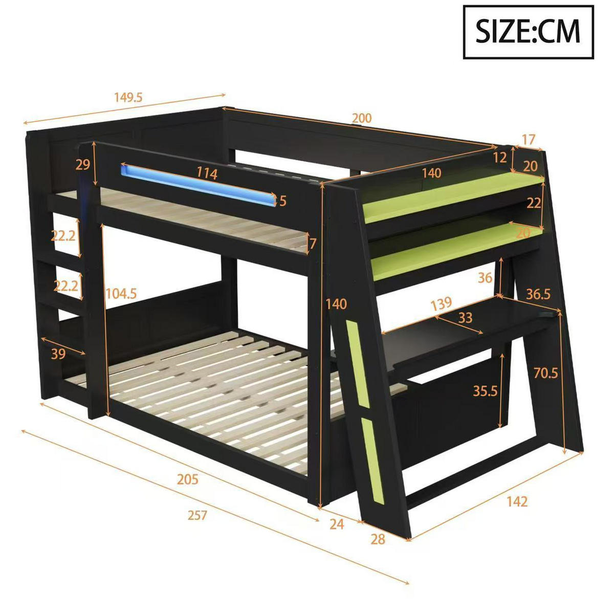 ETAGENBETT 140x200 cm im Gamer-Design mit Schreibtisch, zwei Ablageflächen, USB Anschluss, Kiefernholz & MDF, schwarz - Schwarz, Holzwerkstoff (140/200cm)