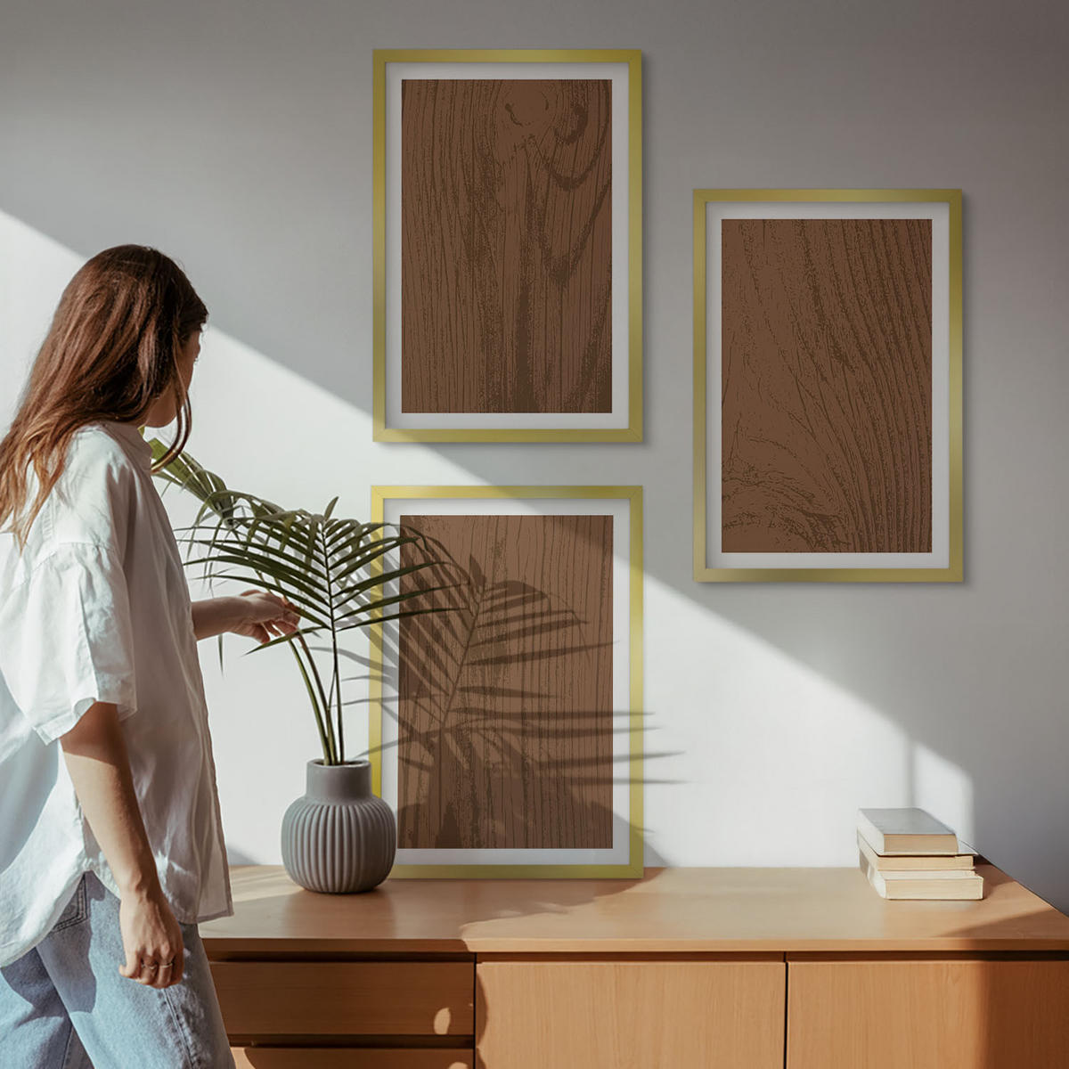 BILDER SET 3er Set - 40x60 cm Goldrahmen - Holzstruktur, Rinde, Minimalismus - Goldfarben, Kunststoff (40/60cm) - TULUP