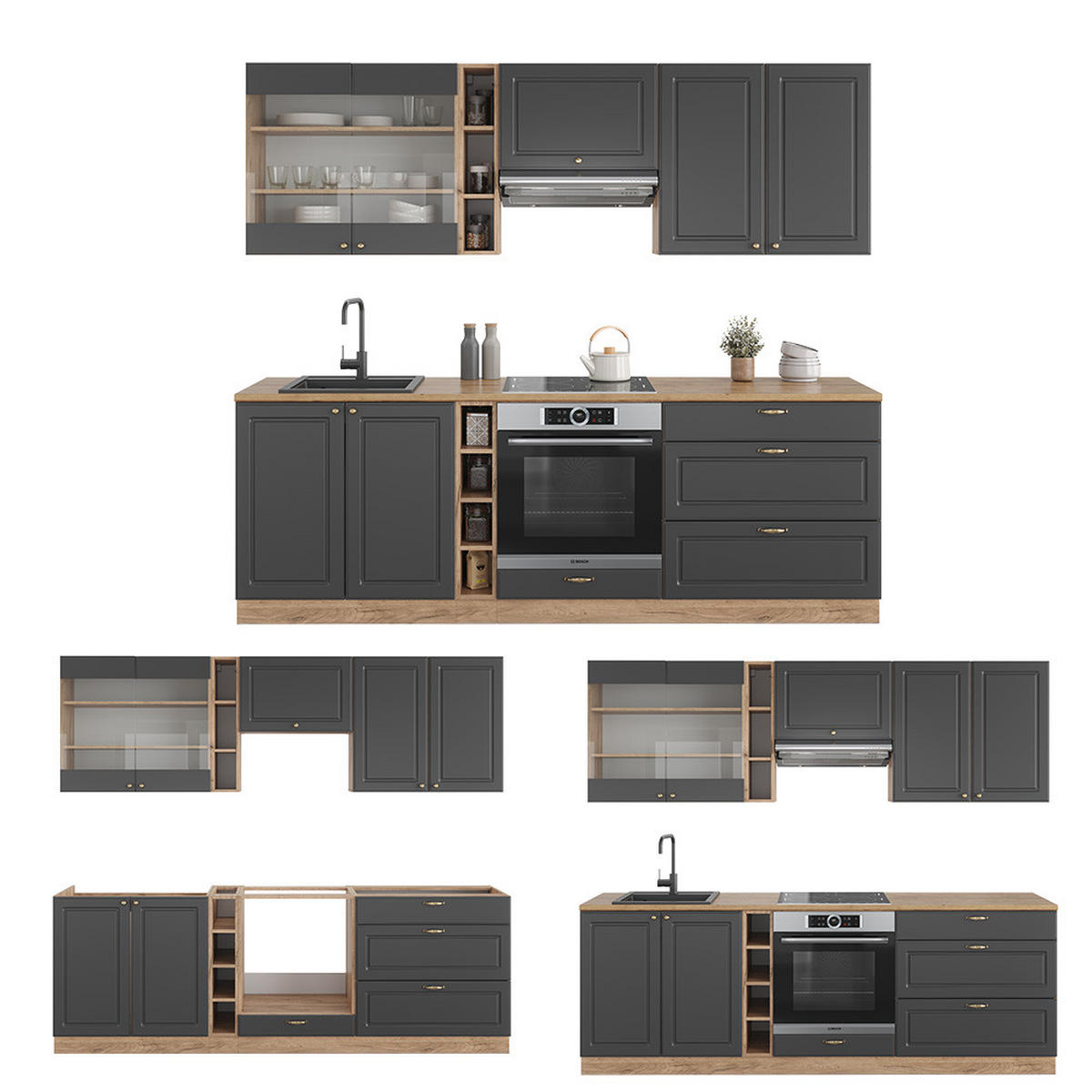 KÜCHENZEILE Fame-Line Anthrazit Landhaus/Goldkraft Eiche 235 cm ohne AP - Honigeiche/Anthrazit, Holzwerkstoff (235/81.6/46cm) - Vicco