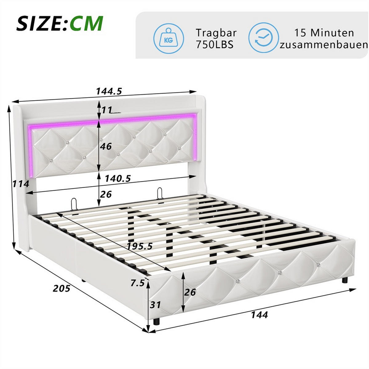 POLSTERBETT 140x200 cm mit LED-Beleuchtung , USB-Ladestation und hydraulischer Hebefunktion - ohne Matratze - Weiß, Textil (140/200cm) - DELFA