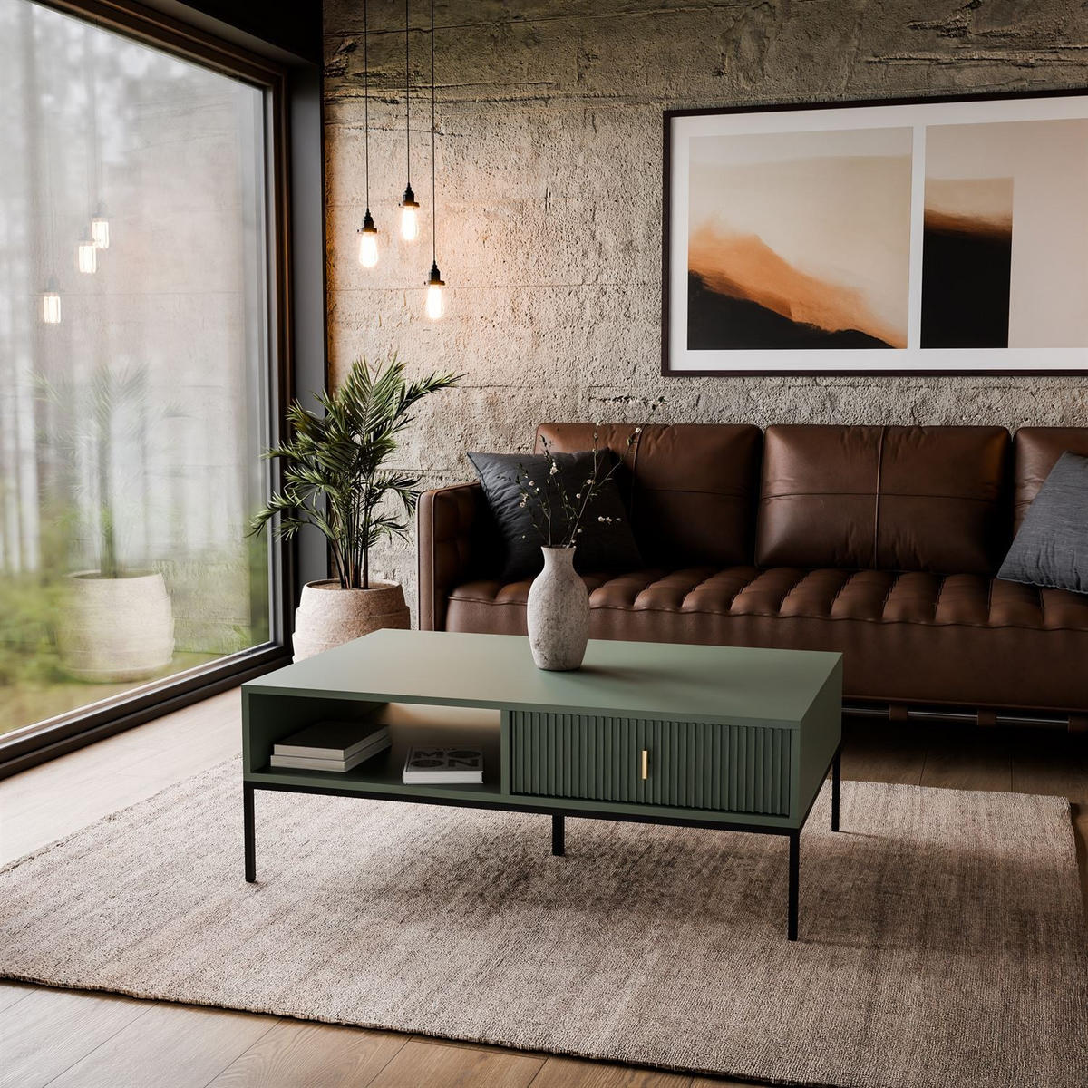 COUCHTISCH MIDNIGHT mit Schublade auf Gestell grün - Schwarz/Grün, Holzwerkstoff (68/104/39cm) - Lookway