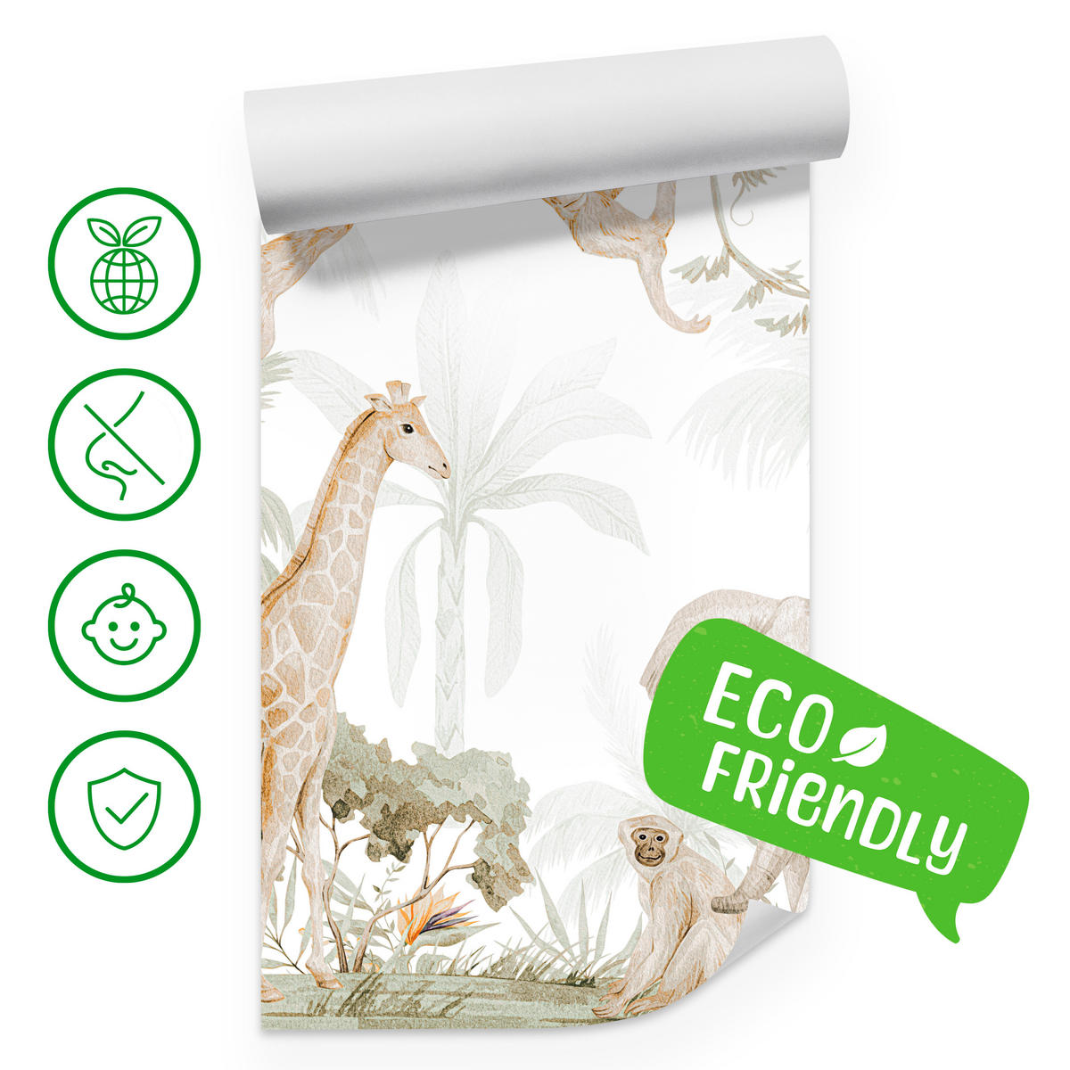 FOTOTAPETE für Kinderzimmer Dschungel Tiere Giraffe Elefant Palmen 500x350 - Ecru/Braun, Papier (500/350cm) - Muralo