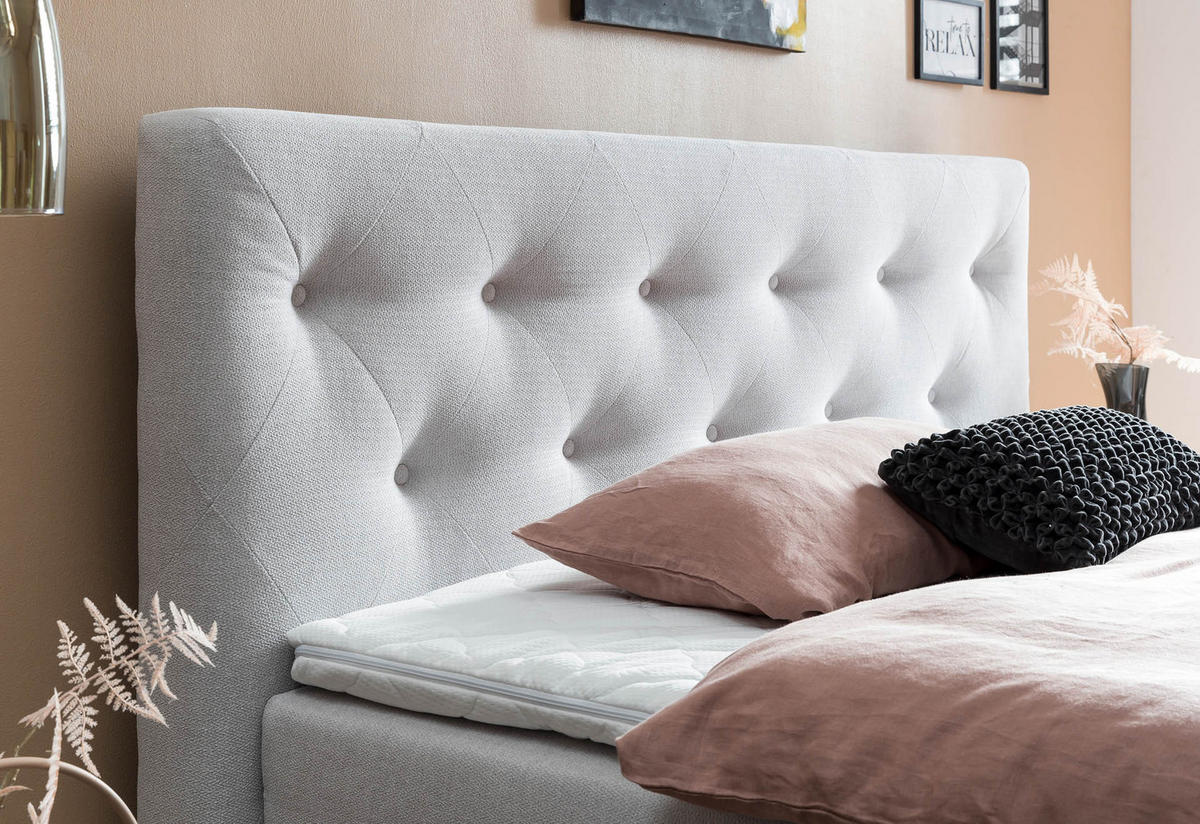 BOXSPRINGBETT MARBO 160x200 Weissgrau H2 und H3 mit Bettkasten 7-Zonen Taschenfederkern Matratze inkl. Visco Topper und Eiche - Weiß, Textil (160/200cm) - Belanoti