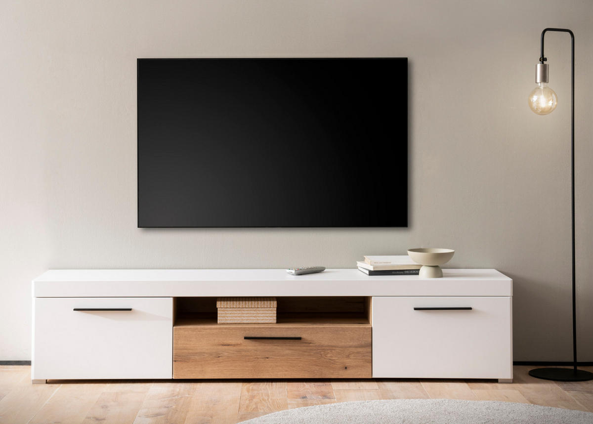 TV-LOWBOARD weiß matt, Evoke Eiche, TV Unterteil 205 cm, Soft-Close-Funktion - Eichefarben/Silberfarben, Holzwerkstoff/Kunststoff (205/44/45cm)