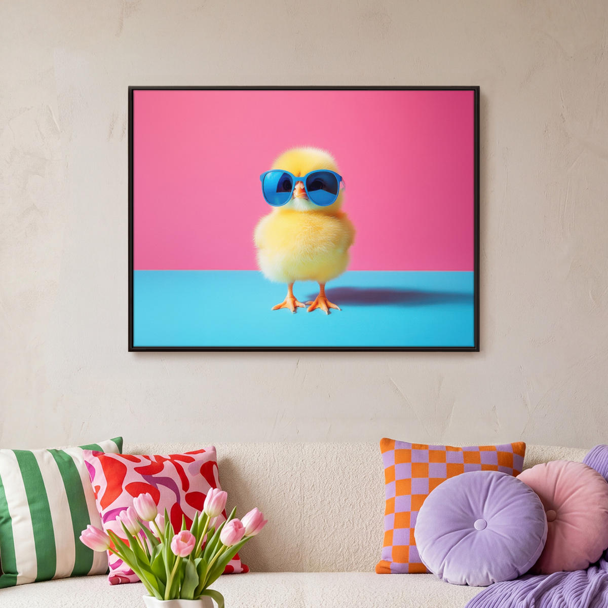 LEINWAND Bilder mit Rahmen - Chick - Sonnenbrille - Blau - 80x60 - Pink, Textil (80/60cm) - MuchoWow