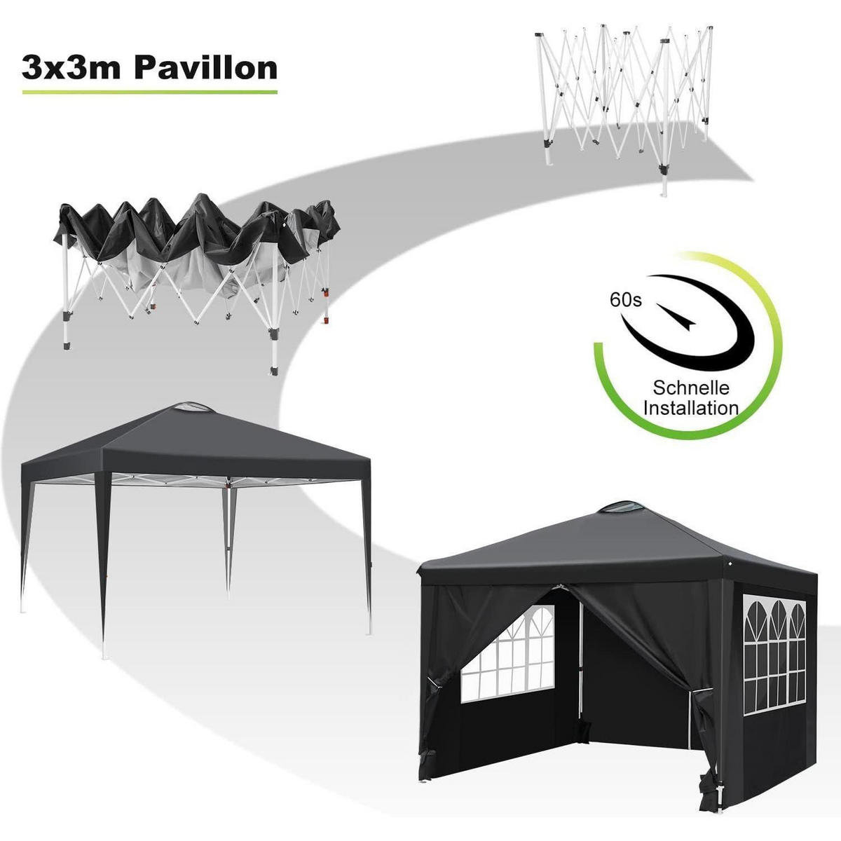 PAVILLON 3 x 3 m schwarz mit 4 Seitenteilen und Belüftungsöffnung - Schwarz, Textil (300/223/300cm)
