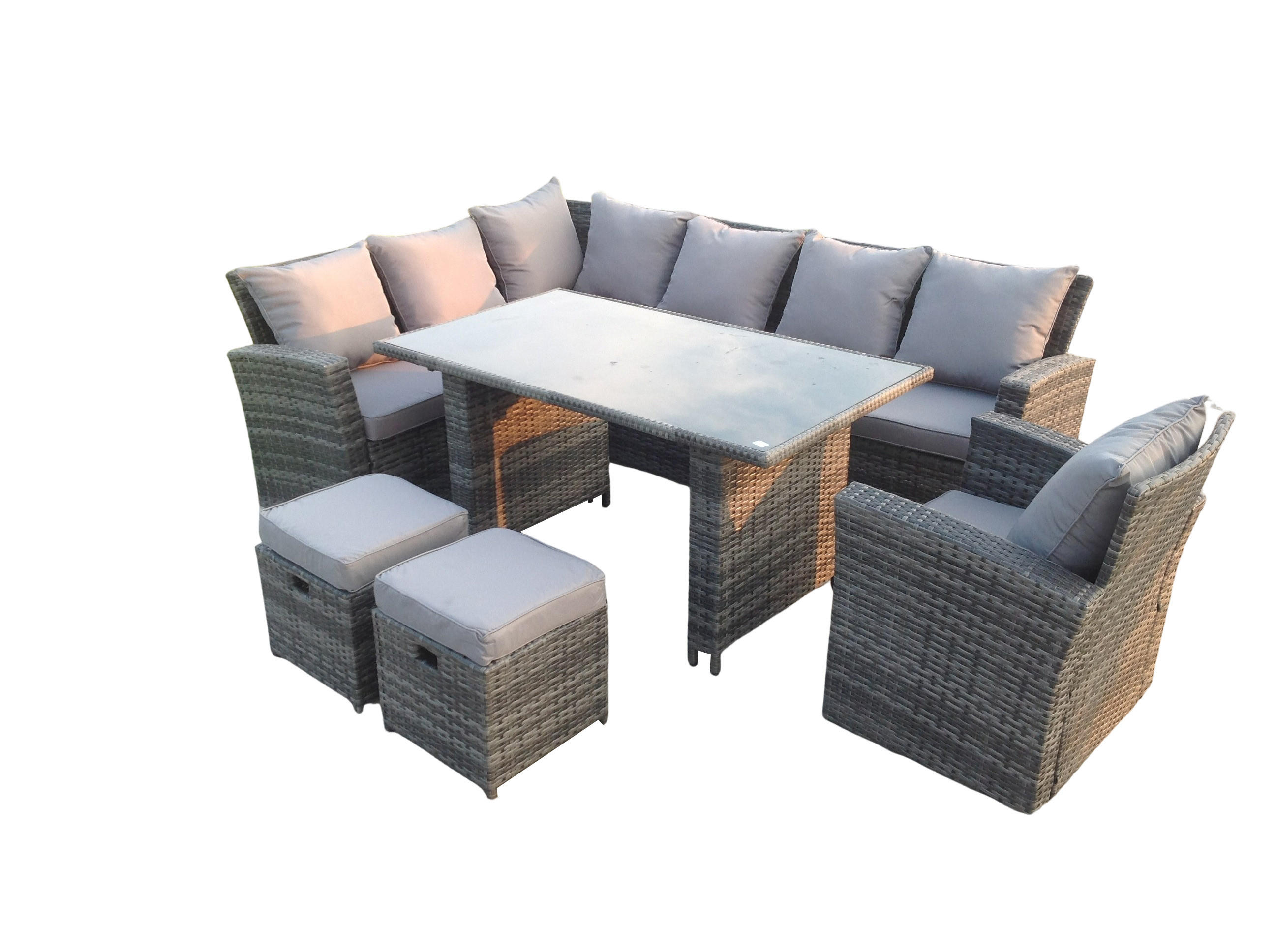 GARTEN-ECKSOFAGARNITUR mit Esstisch Polyrattan 9-Sitzer - Dunkelgrau/Grau, Glas/Kunststoff - Fimous