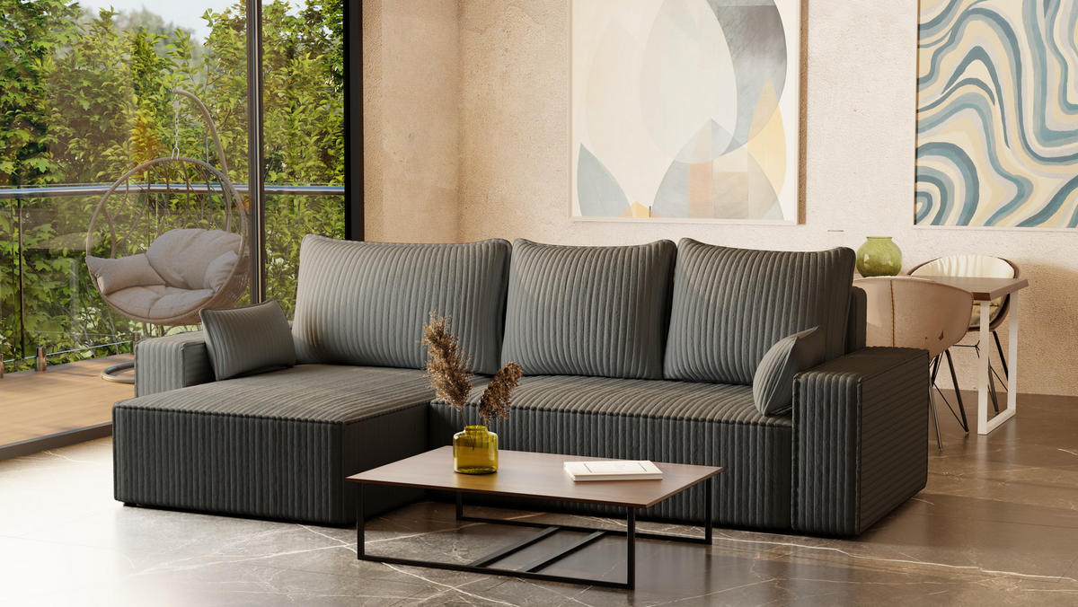 ECKSOFA Tobi mit Bettkasten und Schlaffunktion, L-Form/XL-Form, Cordstoff, Universal - Grau, Holzwerkstoff (276/145cm) - 4ALL HOME