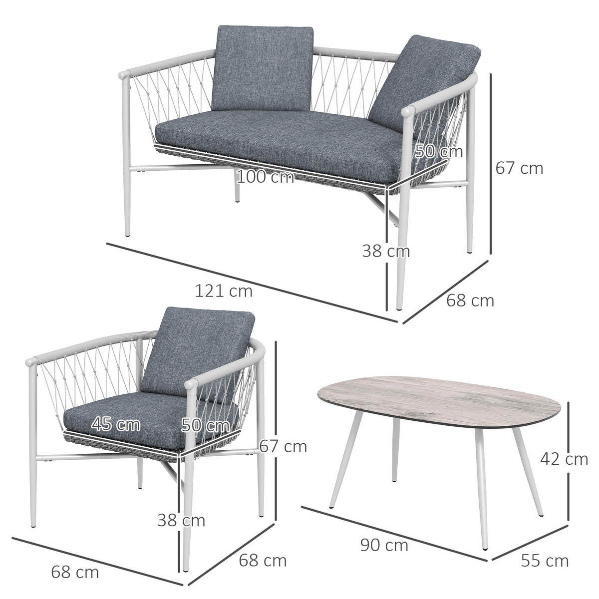 GARTENMÖBEL Set, PE Rattan, Grau - Grau, Kunststoff - Outsunny