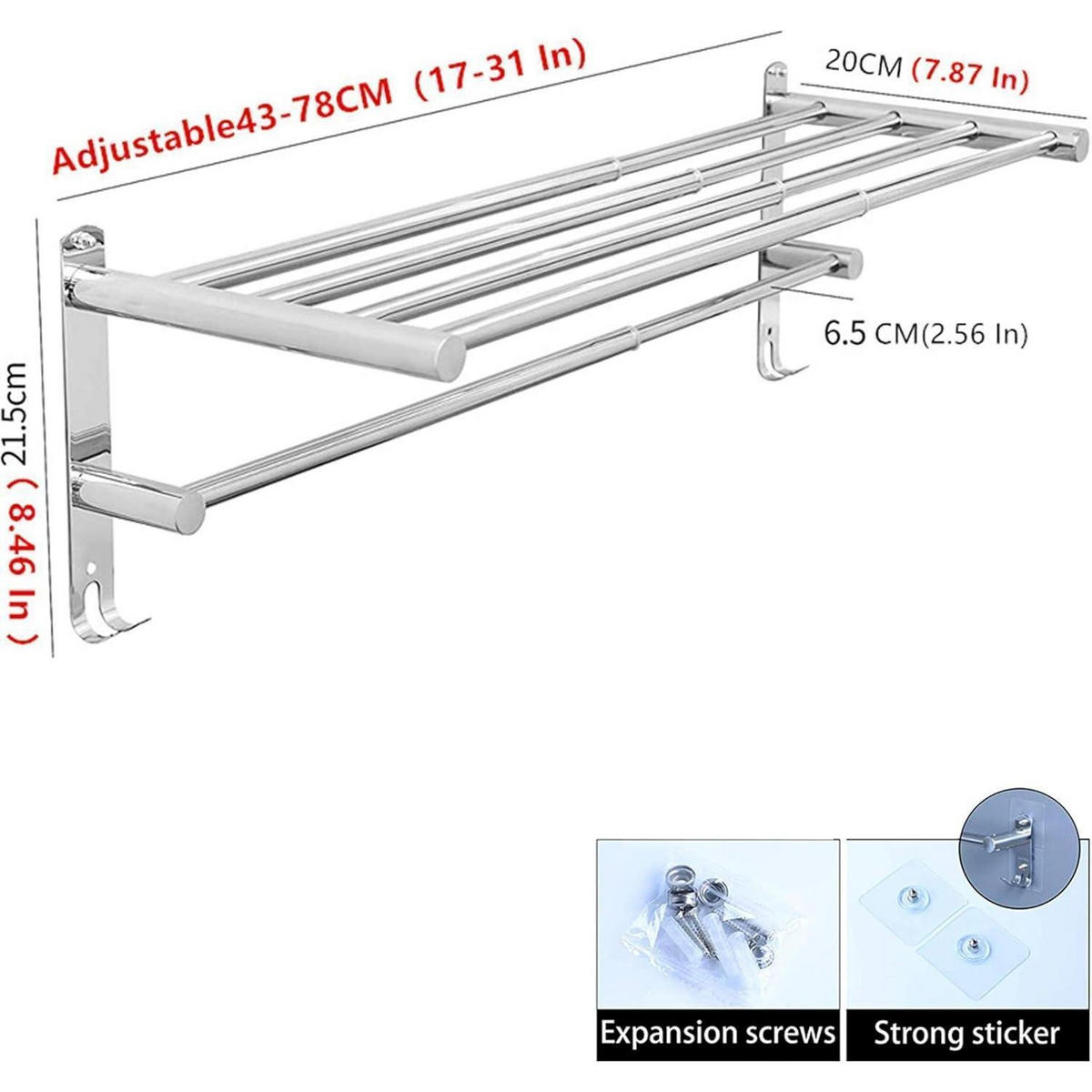HANDTUCHHALTER ausziehbar 43-78 cm Edelstahl ohne Bohren - Silberfarben, Metall (14/8/43cm)