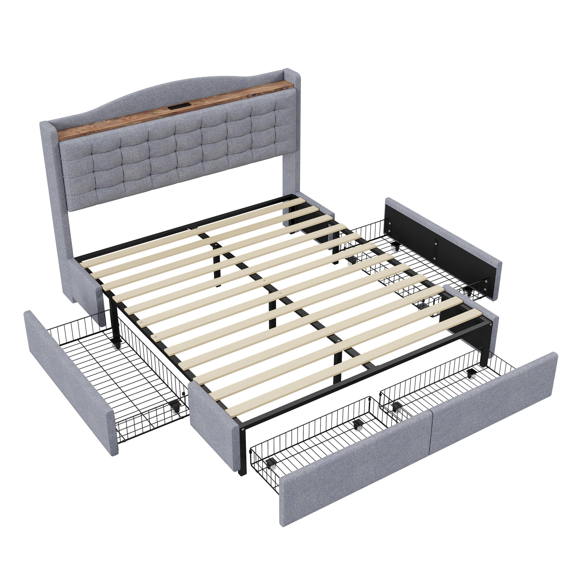 POLSTERBETT 140/200 cm mit 4 Schubladen und USB-Anschluss, grau - Grau, Textil (140/200cm) - BEAOK