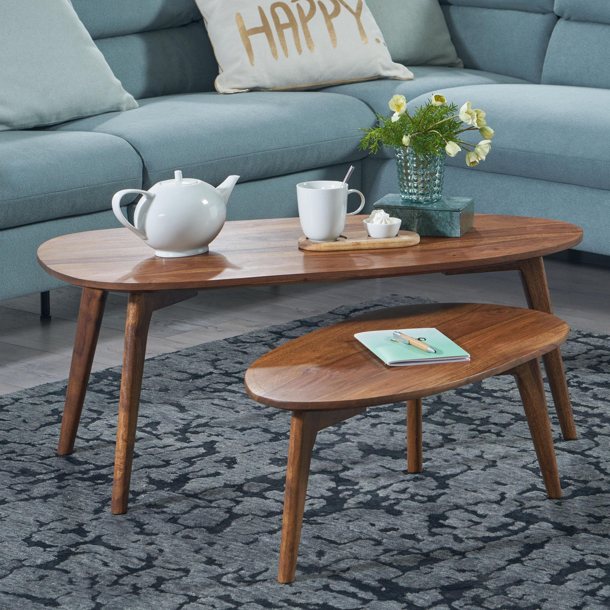 COUCHTISCH 2er Set Massivholz Nierenform Retro Handgefertigt, Braun 100x50x42 cm - Braun, Holz (50/100/42cm) - KADIMA DESIGN