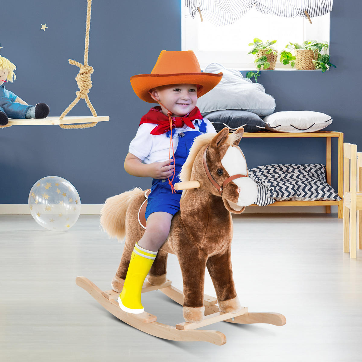 KINDER SCHAUKELTIER, Braun, Plüsch+ Pappel - Braun, Holz (33/62/74cm) - HOMCOM