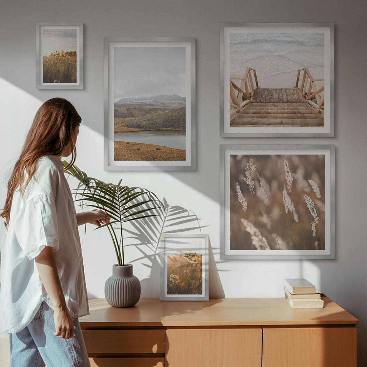 BILDER SET 5er Set - 50x50 cm & 20x30 cm & 40x60 cm Silberner Rahmen - Landschaften Wiesen Berge See - Silberfarben, Kunststoff (40/60cm) - TULUP