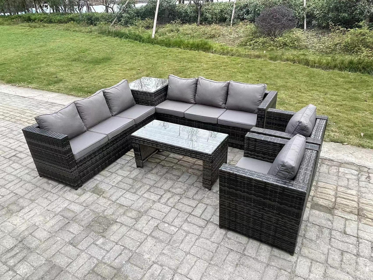 LOUNGESOFA Polyrattan 8-Sitzer - Dunkelgrau/Grau, Glas/Kunststoff - Fimous