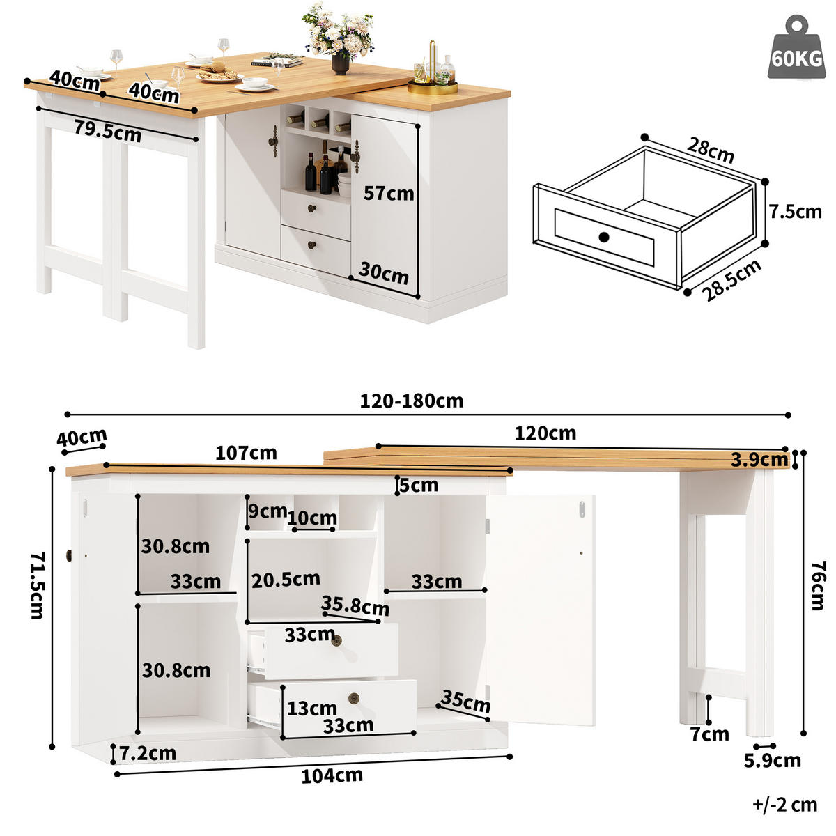 BARTISCH 120-180/40/76 cm ausziehbar mit Stauraum und 360°-Drehfunktion - Naturfarben, Holzwerkstoff (40/180/76cm) - BEAOK