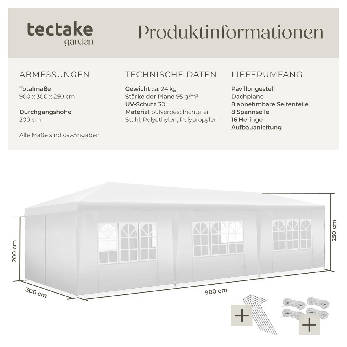 PAVILLON Miramas,wasserdicht,weiß - Weiß, Kunststoff (300/250/900cm) - tectake