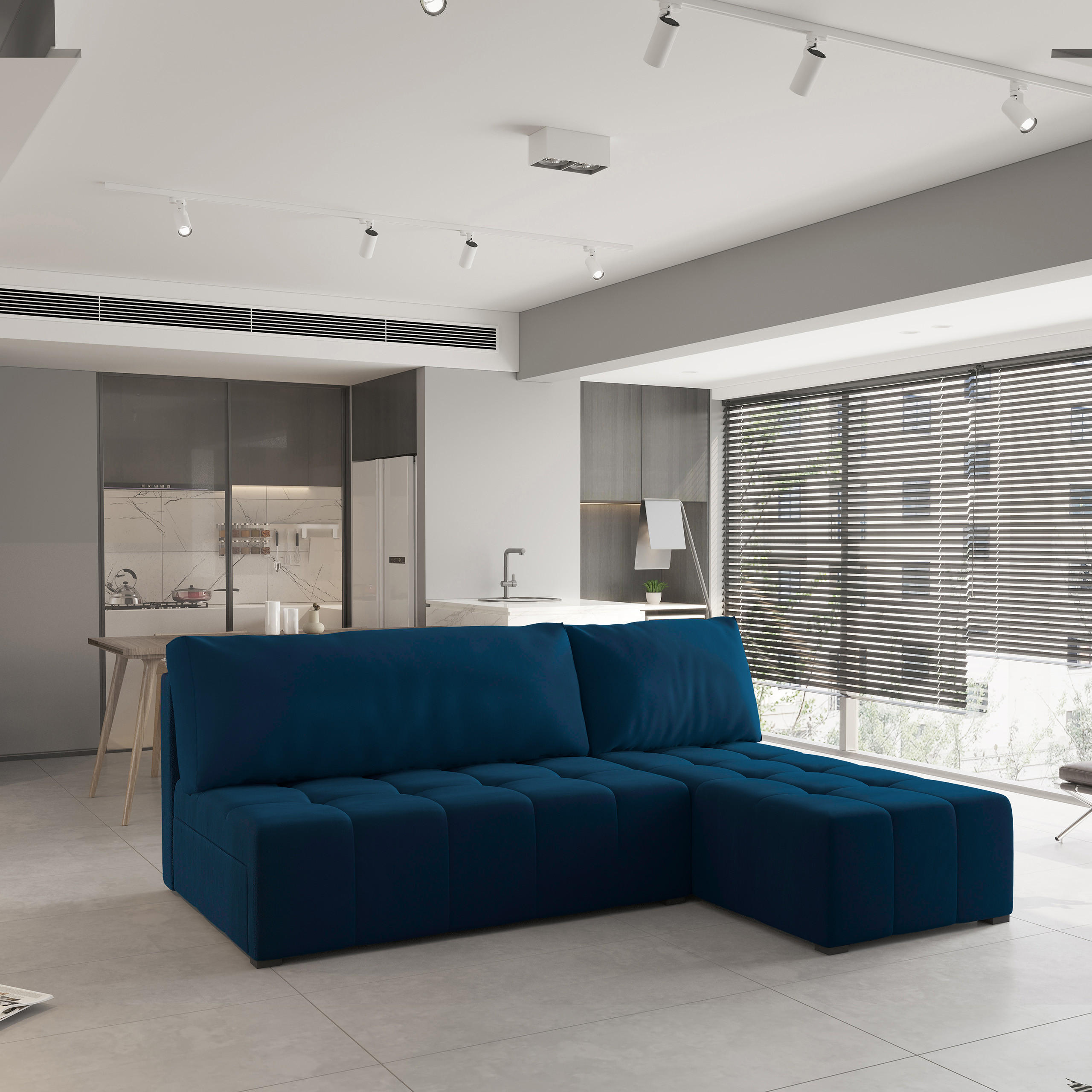 ECKSOFA DOMIRA Blau Plüsch-Stoff mit Schlaffunktion - Blau, Holz (200/141cm) - MASSENO