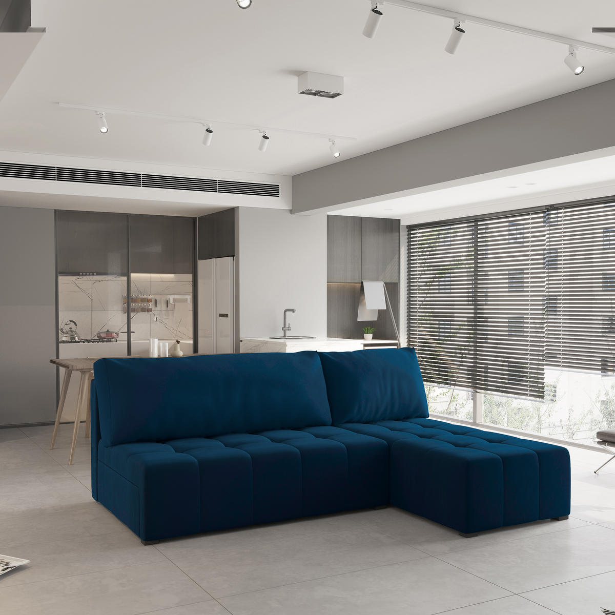 ECKSOFA DOMIRA Blau Plüsch-Stoff mit Schlaffunktion - Blau, Holz (200/141cm) - MASSENO